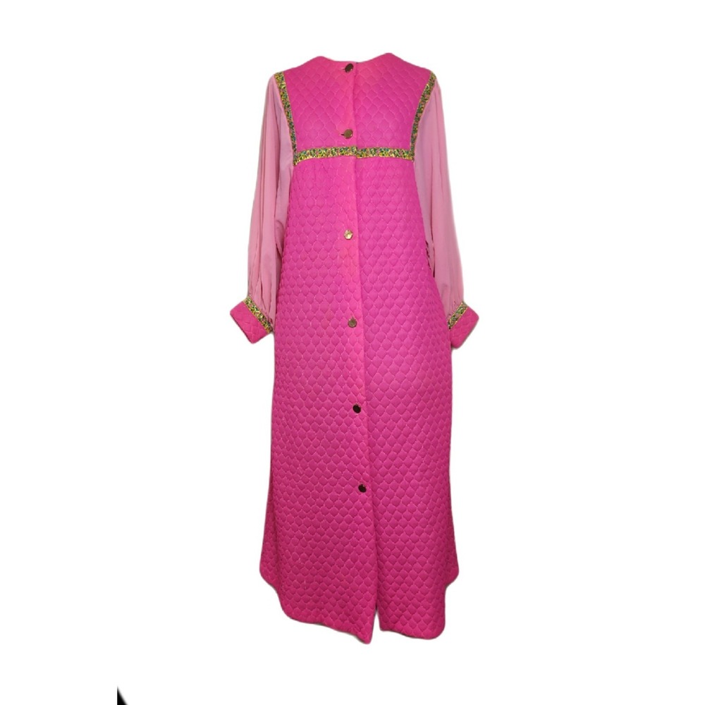 Vintage 60's Quilted Robe Gold Floral Trim Flowy Sleeve Hot‎ Pink Maxi Mod M